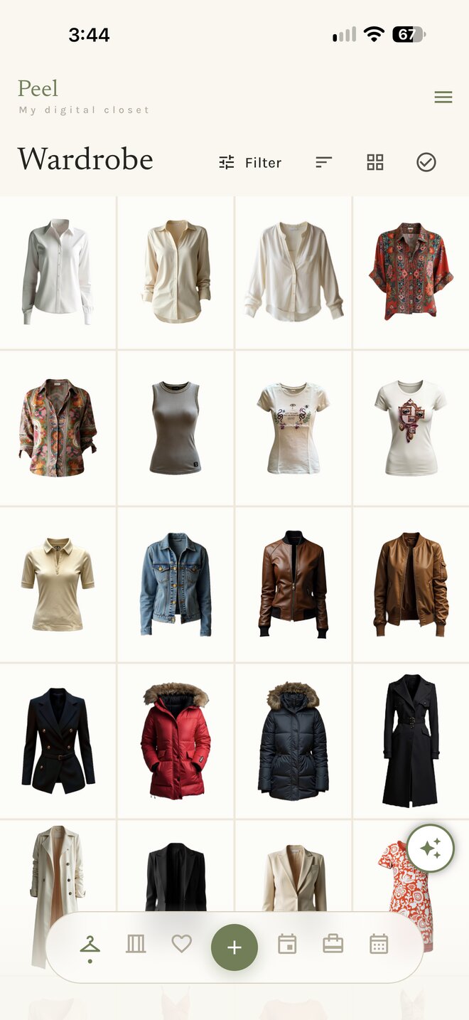Peel’s wardrobe grid: a four-column grid of clothing cutouts on an iPhone