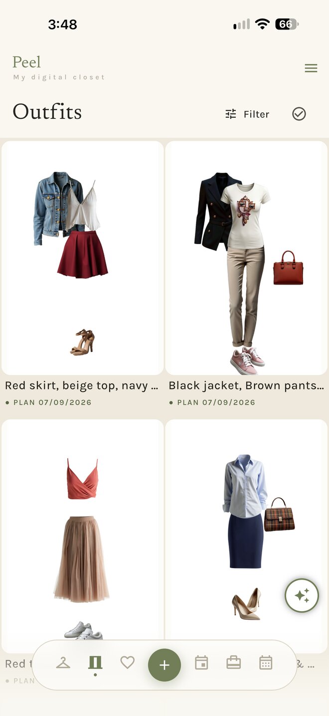 The Outfits tab: saved looks in a two-column grid, each with its planned date