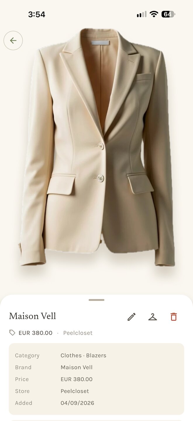 Wish detail: a blazer with its price, store and link
