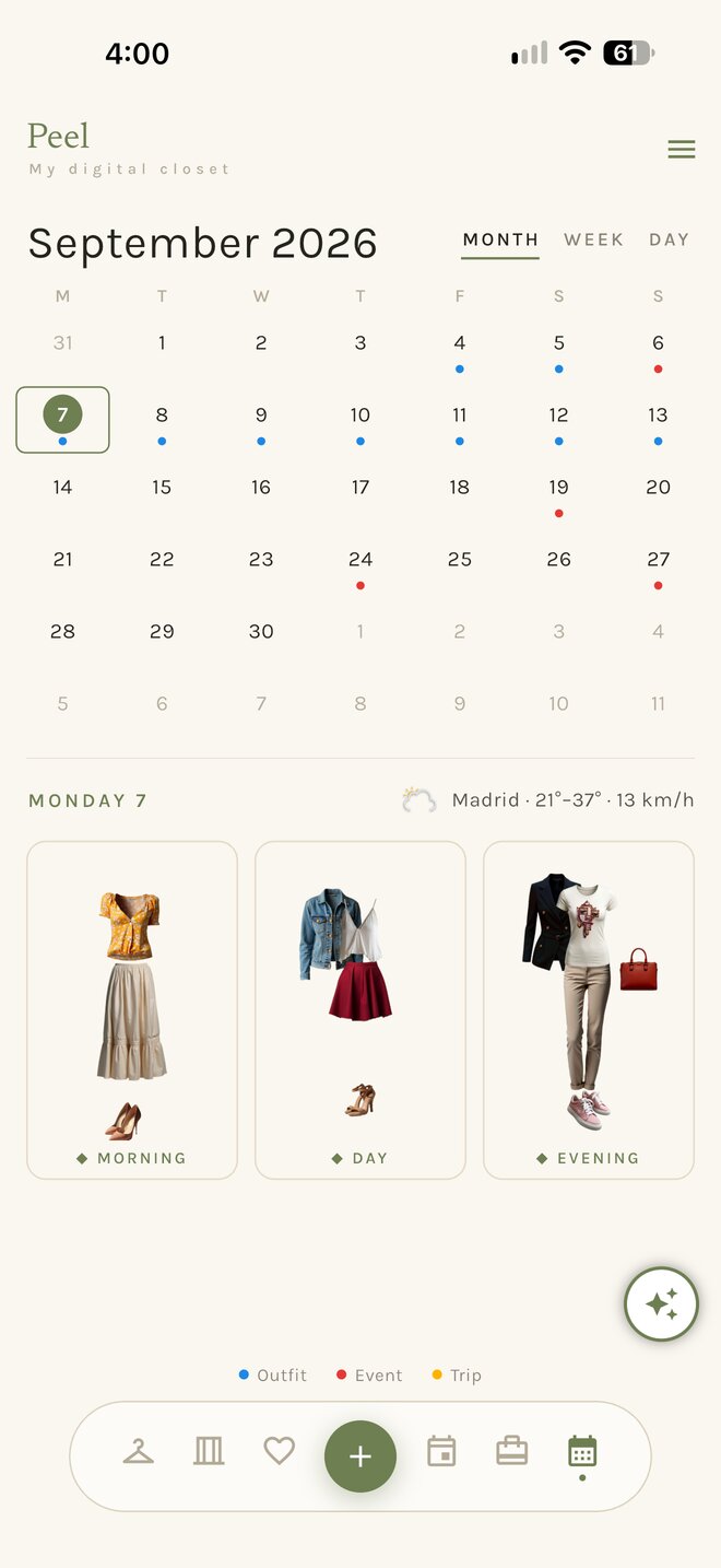 Calendar month view with planned days and the weather for today