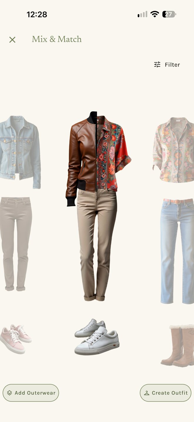 Mix & Match: three lanes of tops, bottoms and shoes, the centre column forming a look