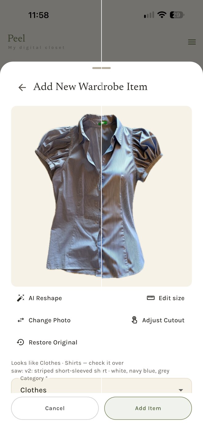 AI Reshape, before and after: left half the imported shirt, right half the reshaped one